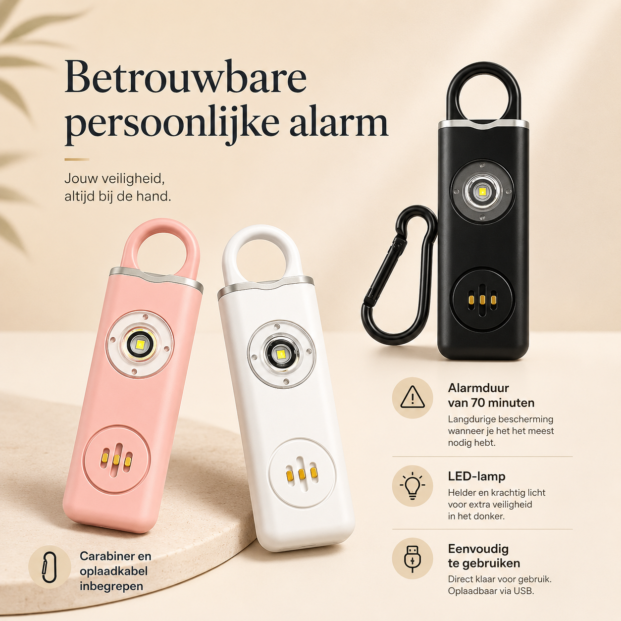 SafeGuard Persoonlijk Veiligheidsalarm — 130 dB Sirene met LED-licht & USB-C Opladen