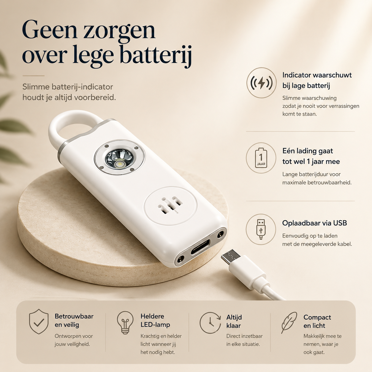 SafeGuard Persoonlijk Veiligheidsalarm — 130 dB Sirene met LED-licht & USB-C Opladen