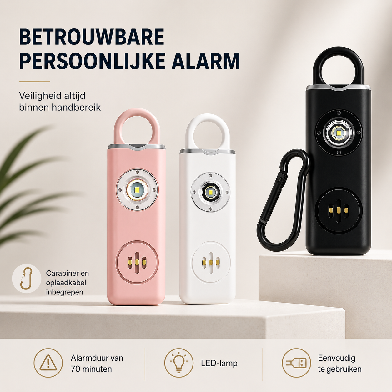 SafeGuard Persoonlijk Veiligheidsalarm — 130 dB Sirene met LED-licht & USB-C Opladen
