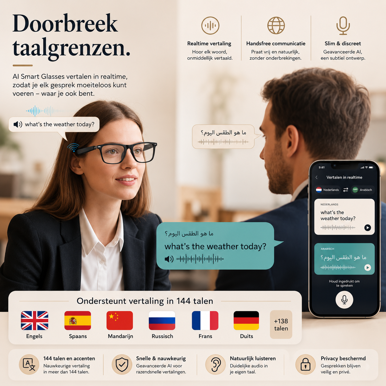 EJE Slimme Bril met AI — Vertaling in 100+ Talen, Muziek, Handsfree Bellen & Kleurveranderende Lenzen